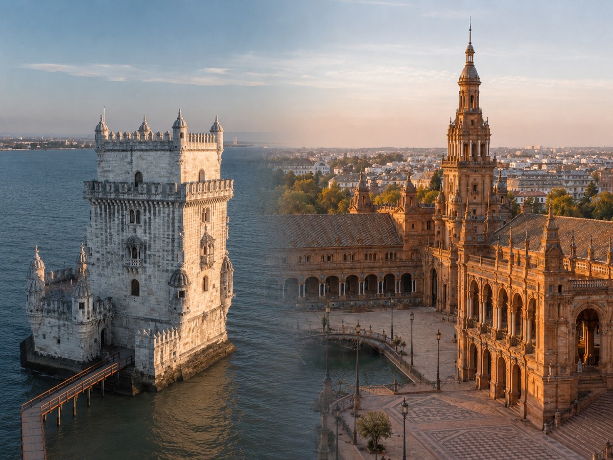 Viagem para Espanha e Portugal: a Torre de Belém, em Lisboa, e a Praça de Espanha, em Sevilha
