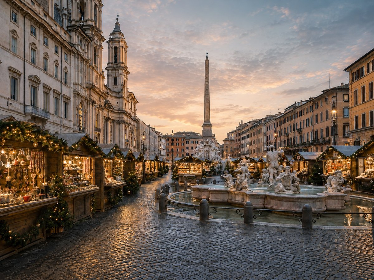 Viagem de Natal para a Itália: o mercado de Natal iluminado na Piazza Navona, em Roma