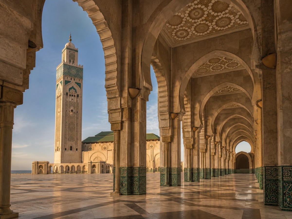 Viagem para o Marrocos: os arcos e o minarete da Mesquita Hassan II, em Casablanca