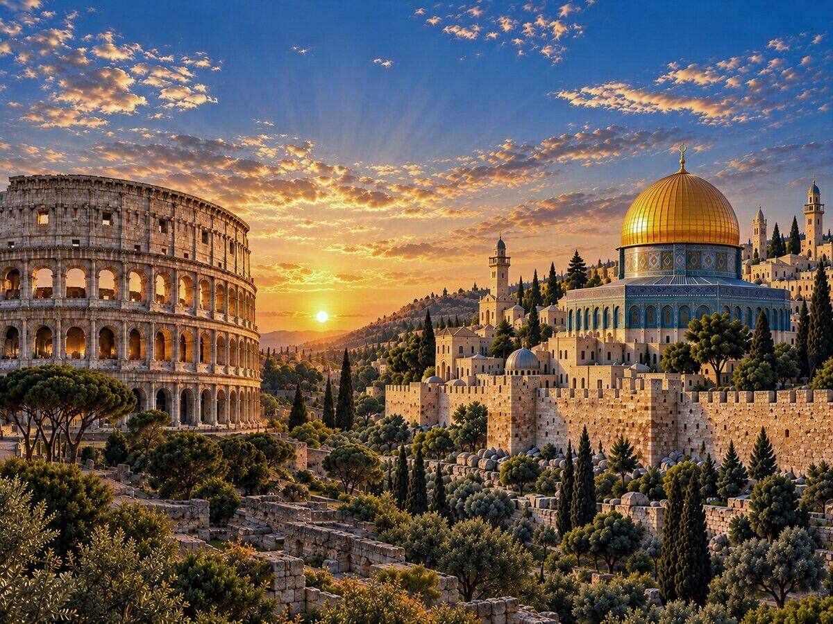 Coliseu e Domo da Rocha iluminados pela luz dourada do entardecer, representando uma jornada entre Roma e Israel.