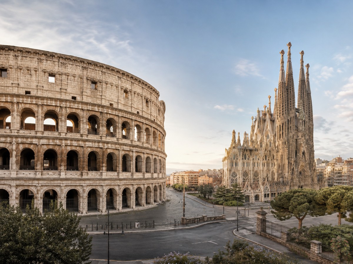 Viagem para Itália e Espanha: o Coliseu de Roma e a Basílica da Sagrada Família, em Barcelona